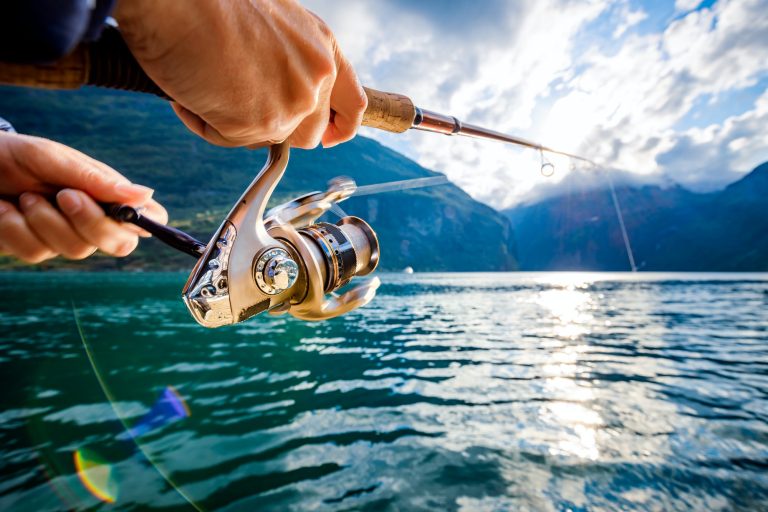 Fishing rod above scenic mountain lake