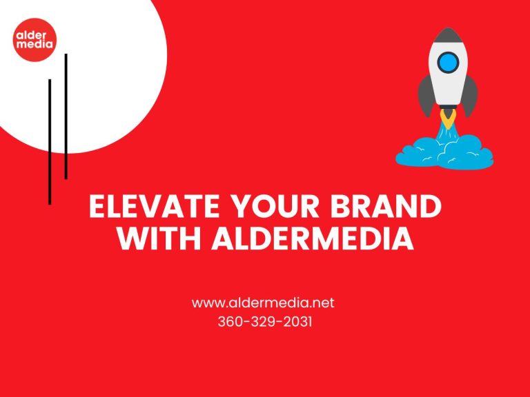 Elevate brand with Aldermedia rocket and contact info.
